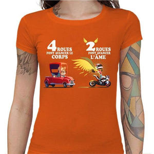 T shirt Motarde - 4 roues VS 2 roues - Couleur Orange - Taille S