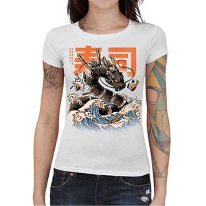 tshirt-femme-sushi-dragon-pour-gourmets-fan-d-art-et-de-japon-coton-bio-blanc