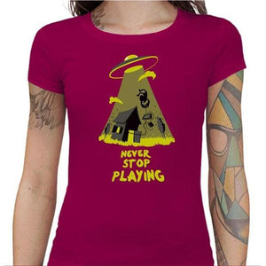 T-shirt Geekette - Never stop playing - Couleur Fuchsia - Taille S