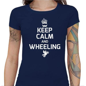 T shirt Motarde - Keep Calm and Wheeling - Couleur Bleu Nuit - Taille S