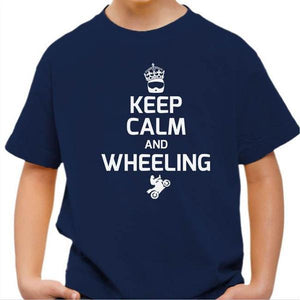 T shirt Moto Enfant - Keep Calm and Wheeling - Couleur Bleu Nuit - Taille 4 ans