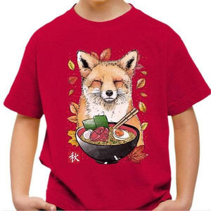 T-shirt enfant geek - Fox Leaves and Ramen - Couleur Rouge Vif - Taille 4 ans
