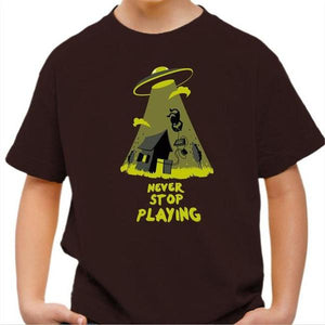 T-shirt enfant geek - Never stop playing - Couleur Chocolat - Taille 4 ans