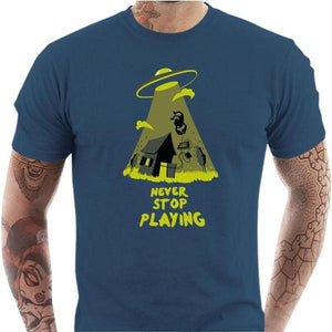 T-shirt geek homme - Never stop playing - Couleur Bleu Gris - Taille S